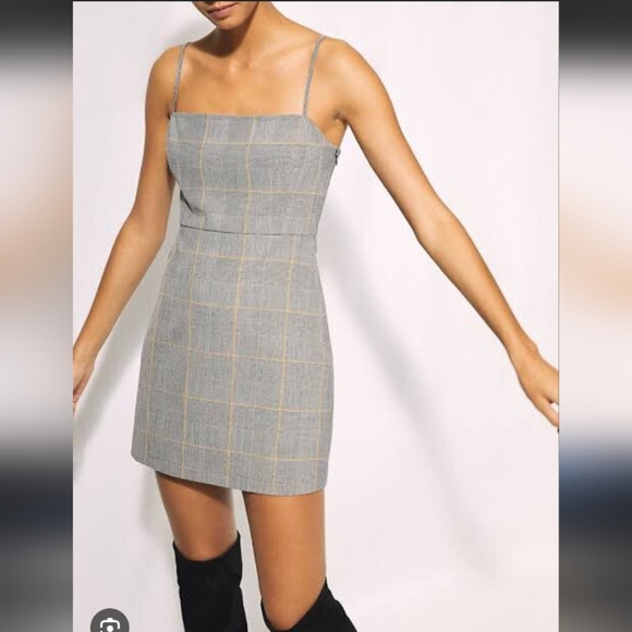 287-NWT Wilfred Gray and Tan Plaid Strapless Dress - Picture 1 of 8